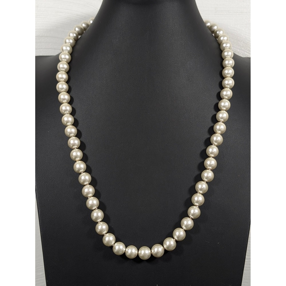 White Glass Pearl Necklace 26" Long‎ Single Strand Silver Spacer Beads